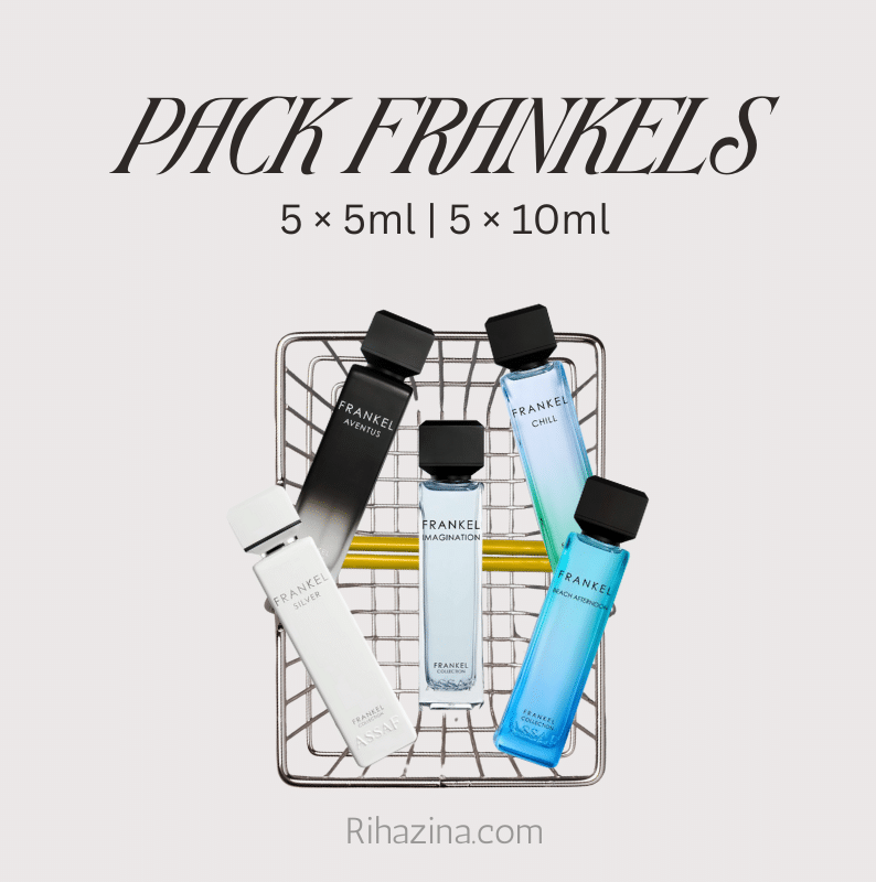 Frankel Decant Bundle – Premium 5-Fragrance Collection ✨ Discover a refined fragrance journey with the Frankel Decant Bundle, featuring five carefully selected scents that offer a perfect balance of freshness, elegance, and modern luxury. Ideal for fragrance lovers seeking variety and exceptional value. Included Fragrances: Frankel Aventus A bold and fresh scent with a modern, luxurious character. Frankel Silver Clean, elegant, and versatile—perfect for everyday wear. Frankel Imagination A smooth and distinctive fragrance that reflects creativity and sophistication. Frankel Peach Afternoon A vibrant, refreshing scent with a bright, summery touch. Frankel Chill A calm, modern fragrance that delivers a relaxed yet refined feel. Bundle Details: ✅ 5 Decants – 5 ml each 💰 Price: 150 MAD ✅ 5 Decants – 10 ml each 💰 Price: 275 MAD Why Choose This Bundle? A diverse selection of five unique fragrances Ideal for testing before committing to full-size bottles Travel-friendly and convenient Excellent value for a premium fragrance set 🎁 Perfect for fragrance enthusiasts or as a stylish gift